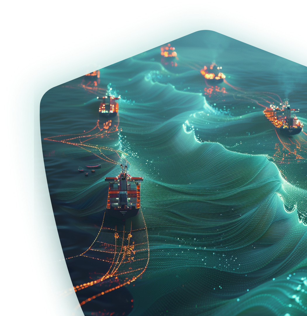 Main illustration showing a digital ocean with ships
